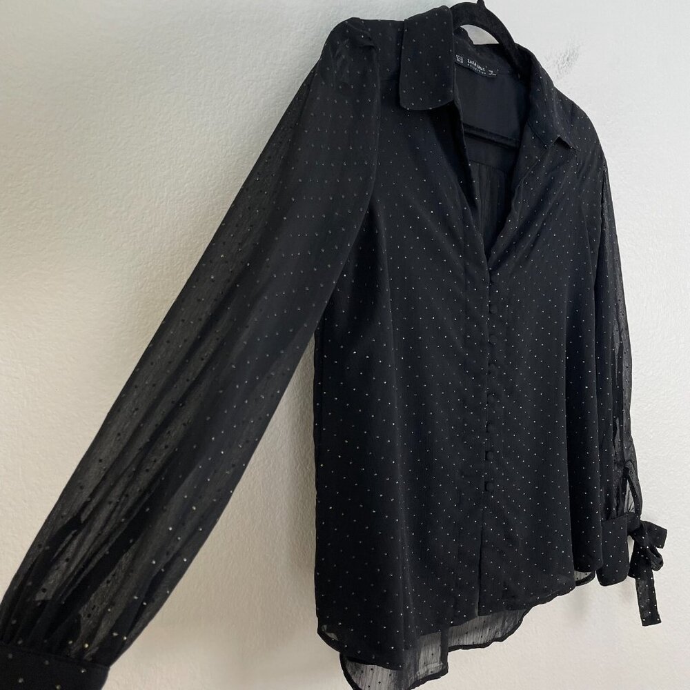Zara Womens XS‎ Black Sheer Button Up Blouse Long Sleeve Shirt Top - Picture 10 of 16